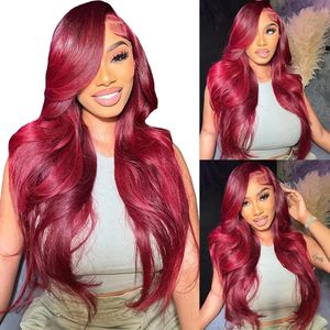 Perruque Lace Front Wig Body Wave brésilienne Remy, cheveux naturels, bordeaux 99J, couleur rouge, élégante et confortable, pour femmes