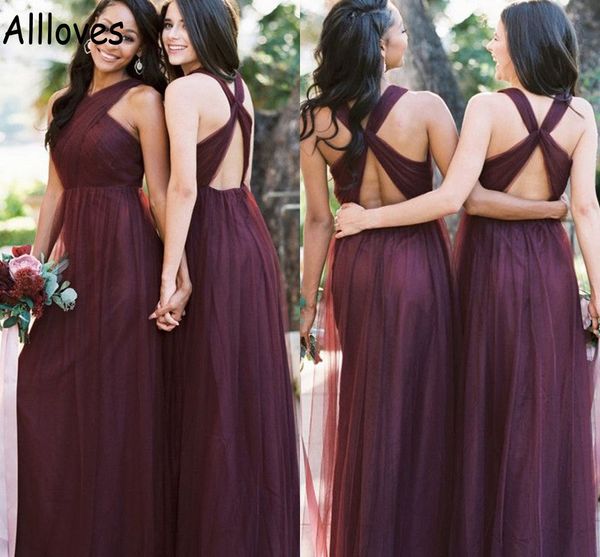 Borgoña Una línea de tul Convertible Vestidos de dama de honor Halter largo Hasta el suelo Vestidos de dama de honor Cintura imperio Jardín Boda Invitado Noche Vestido de fiesta CL0276