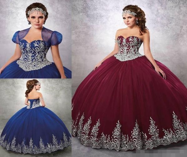 Vestidos de quinceanera de bolas burdeos de cuentas de bañera Apliques Vestidos de graduación con chaqueta tul encaje para espalda dulce 16 dre6808751