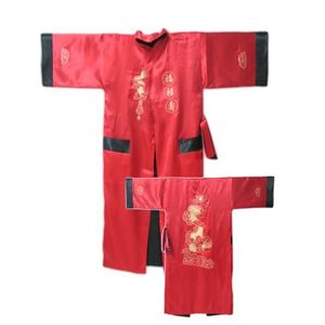 Bordeaux Zwart Omkeerbare Chinese mannen Satijn Zijde Twee gezicht Gewaad Borduren Kimono Badjurk Draak One Size S3003