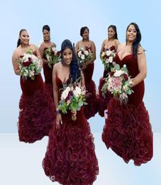 Robes de demoiselle d'honneur bordeaux Organza Ruffle African Pron Gowns Mariage Dressess Drysessless Velvet Laceup Backless Evening Dres27218130