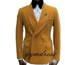 Velet Tuxedos de mariage hommes costumes jaune châle revers pour homme sur mesure formel Slim Fit Blazer marié hommes à double boutonnage (veste jaune + pantalon noir + nœud)