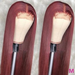 Simulation colorée de couleur bordeaux perruques de cheveux humains pré-cueillis 99J vin rouge raide dentelle synthétique perruque avant pour les femmes noires