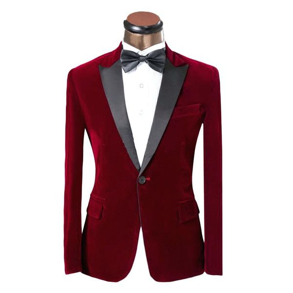 Trajes de esmoquin de boda para novio de terciopelo burdeos, traje de hombre ajustado con solapa en pico de un botón para baile de graduación (chaqueta + lazo)