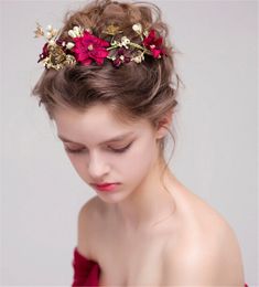 Bruiloft bruids Bourgondië rode bloem hoofdband haarband goud strass kroon tiara kristal haar accessoires sieraden prinses hoofddeksel rose floral kronen tiara's