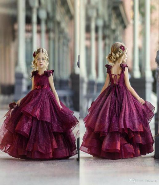 Robes de fille de fleur bordeaux pour les perles de dentelle de mariage 3D appliqués floraux petites filles robes de fête robes de fête robes princesse 6788974