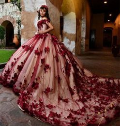 Robes De princesse Quinceanera à fleurs bordeaux, 2024 perles De cristal, à lacets, vêtements De fête De 16ème bal