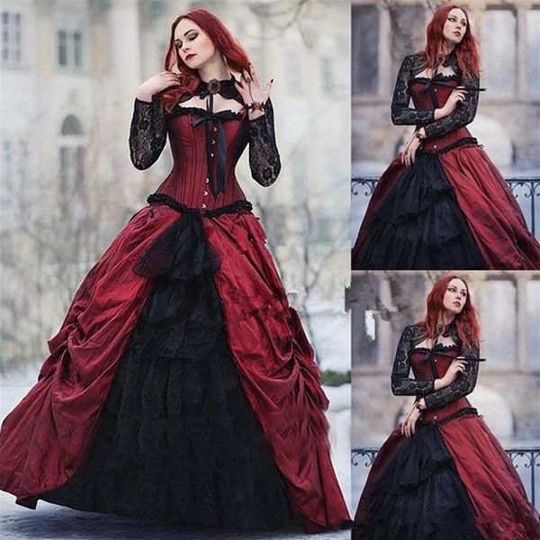 Bourgogne gothique victorien Halloween robes de mariée 2022 Vintage vin rouge et noir pure dentelle à manches longues Corset robe de mariée305Q