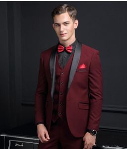 Tuxedos de marié bordeaux, revers noir, costume de mariage 3 pièces, mode hommes d'affaires, veste de soirée de bal, blazer (veste + pantalon + cravate + gilet) 2282