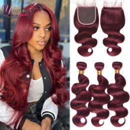 Paquetes de cabello humano burdeos con cierre 99j Body Wave Lace brasileño rojo ondulado 4 x4 240229