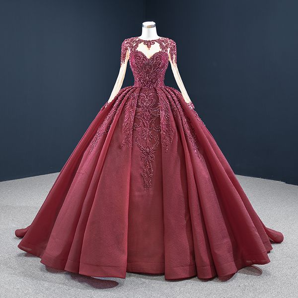 Robe de mariée gothique en dentelle bordeaux, manches longues, Corset au dos, perles lourdes, robes de mariée de couleur Non blanche, Couture