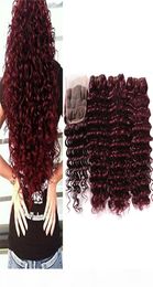 Cierre de encaje de color burdeos Deep Brazilian Human Hair Wine Red Row Raw Deep De Deep Ocean Wave 99J Cabello Weave Bundles Wavy con 2038037