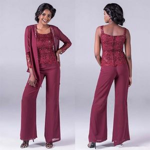 Bordeaux Kant Moeder Van De Bruid Broek Past Met Jassen Goedkope Lovertjes Bruiloft Gast Jurk Plus Size Chiffon Moeders Bruidegom Dress2862