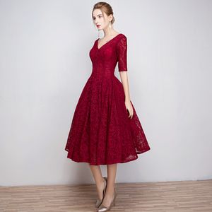 Bourgondië Kant V-hals Cocktail Jurken Thee Lengte 2019 Half Mouwen Feestjurk Elegante Prom-jurken