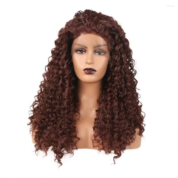 Frente de encaje rizado largo burdeos para mujeres negras Vino rojo Afro Sintético con parte libre Línea de cabello natural