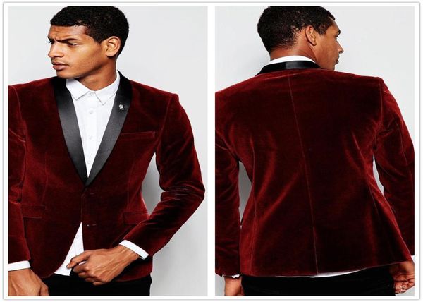 Bourgogne Men039s Vestes de costume Velvet Vin Vin Red Suit Groom Homme Chariot de mariage Tuxedos Blazer Coat One Piece Man Greatcoat7306476