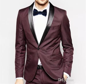 Bourgondië Heren Bruiloft Tuxedos Zwart Sjaal Revers Bruidegom Groomsmen Tuxedos Populaire Man Blazers Jas Uitstekend 2 Stuk Suit (Jas + Broek + Tie) 8