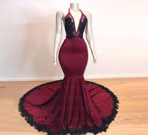 Bordeauxe zeemeermin prom jurken diep v nek illusie lijfje appliques satijn zwart backless avondjurken feestjurken5855686