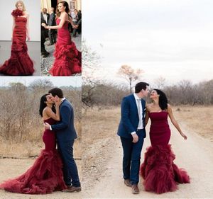 Robes de mariée sirène bordeaux vins rouges sans bretelles sans dos de fête de mariée longue et vestide de taille de novia Sirena3657845