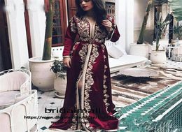 Bourgogne Robes de soirée marocaine Kaftan Manches à manches longues Appliques de dentelle de fête formelle Pageants Muslim Arabe Prom Dress Robes de 3082088