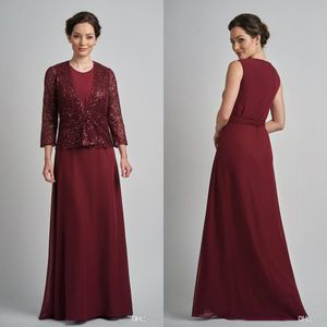 Robes mère de la mariée bordeaux avec veste à paillettes, col à bijoux, manches longues, robe de mère, longueur au sol, robes d'invitées de mariage personnalisées