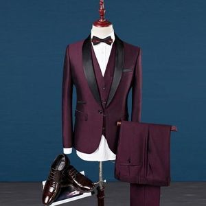 Borgoña/Azul marino Esmoquin de novio Chal negro Solapa Padrino de boda Esmoquin de boda Hombres de moda Chaqueta de baile Blazer Traje de 3 piezas (Chaqueta + Pantalones + Corbata + Chaleco) 16