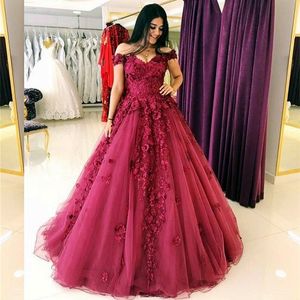 Bourgondië van de schouderavondjurken Lace Appliques 3D bloemen veter back Ball jurk Quinceanera jurk feest avondkleding