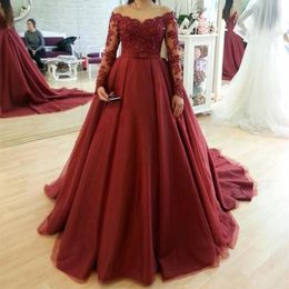 Burgundy off the Shoulder Long Sleeves Gothic Ball Gown Wedding Dresses Beaded lace Satin Non White Colorful Arabic Bridal Gowns Custom 284q