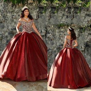 Bourgondië van de schouder Quinceanera Jurken Spaghetti Strap Sweet 15 jurken Crystal Tassel Vestidos 16 Prom Party Wears