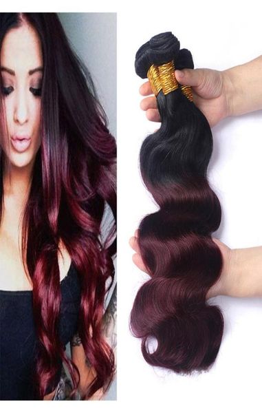 Cabello ombre burdeos 1b99j ola de cuerpo 3 paquetes de grado 8a malasiano peruano vino brasileño rojo ombre remy tejidas de cabello humano extens36666829