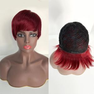 Bordeaux Pixie Cut Pruik Pre Geplukt Korte Bob Recht Menselijk Haar Pruiken Voor Zwarte Vrouwen Machine Gemaakt Goedkope 150% Braziliaanse Remy