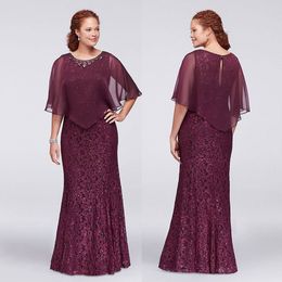 Bourgondië plus size kant formele jurken met wrap kralen juweel nek zeemeermin avondjurken goedkope vloer lengte prom dress