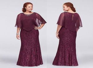 Bordeaux Plus Size Kanten Formele Jurken Met Wrap Kralen Jewel Hals Zeemeermin Avondjurken Goedkope Vloerlengte Galajurk4499271