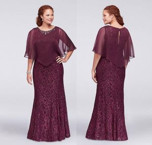 Bordeaux Plus Size Kanten Formele Jurken Met Wrap Kralen Jewel Hals Zeemeermin Avondjurken Goedkope Vloerlengte Galajurk9740422