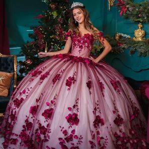 Bourgondische prinses Quinceanera Dresses 3D Floral Birthday Prom -jurken missen Sweet 15 16 jurken Vestidos de Quinceanera 2022