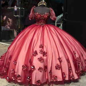 Bourgogne Princesse Quinceanera Robes à manches courtes Robe de balle appliquée en perle