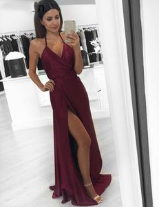 Robe de bal longue en Satin bordeaux, col en V, dos ouvert, fente haute, robe de soirée formelle pour femmes, robes de gala