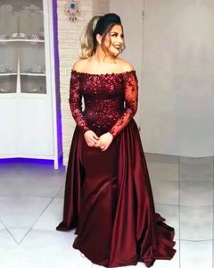 Burgundy Prom Party Gown Avondjurken Meisjes Pageant Zeemeermin Off-Shoulder Lange mouw Appliqué Beaded Satin Custom New Plus Size