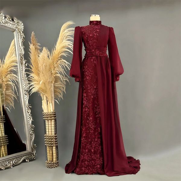 Robe de soirée musulmane à manches longues bordeaux