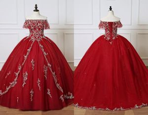 Bourgondië Quinceanera -jurken 2023 Lange baljurk prom jurk Sweet 16 Girls Off Shoulder Sliver borduurwerkvestidos 15 ANOS6603528