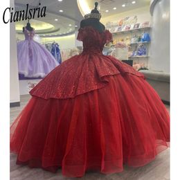 Robes De Quinceanera bordeaux robe De bal épaules dénudées robes De 15 Anos dentelle paillettes jupe princesse robes De fête