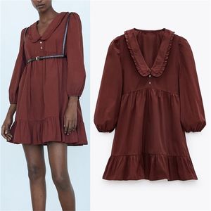 Bourgogne Rouge Volant Mini Robe Femmes Mode Col En V À Manches Longues Plissée Femme Vintage Lâche Casual Dames es 210519