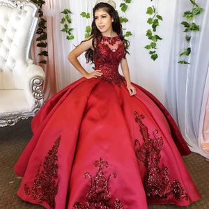 Bourgondië pailletten vlek quinceanera jurken 2021 juweel hals lace-up meisjes verjaardagsfeestje zoete 15 16 jurk prom baljurk