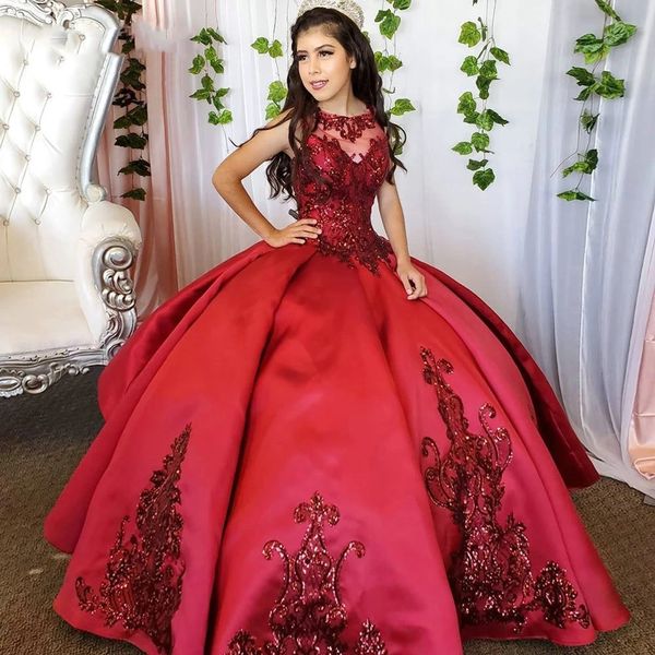 Borgoña lentejuelas mancha Quinceañera vestidos 2021 joya cuello con cordones niñas cumpleaños fiesta vestido dulce 15 16 vestido de baile de graduación