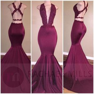 Bourgondië Sexy Deep V-hals Mermaid Prom Dresses Kant Applicaties Backless Ruched Long Party Gelegenheid Jurken Lange Avondjurk echte foto