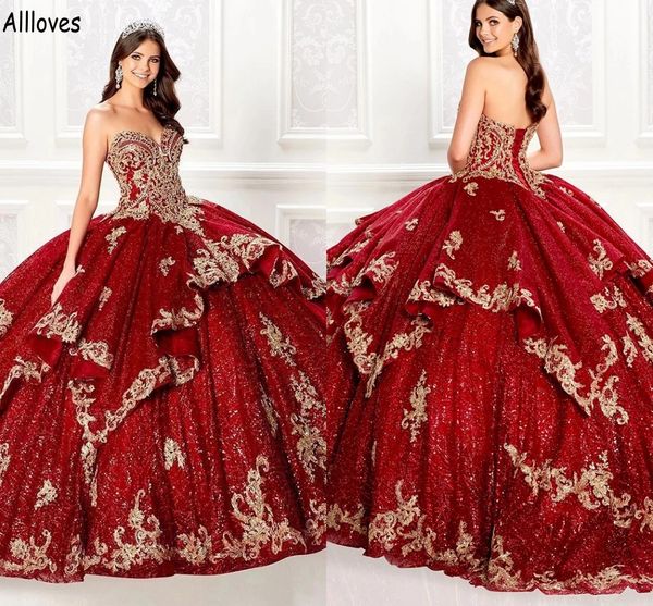 Borgoña Shinny Lentejuelas Princesa Quinceañera Vestidos Cariño Sexy Corsé Volver Vestido de fiesta Dulce 16 Niñas Apliques de oro Formal Prom Vestidos De Festa CL1587