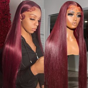 Perruque Lace Frontal Wig brésilienne naturelle, cheveux lisses, bordeaux 13x4 HD, couleur rouge 99J, pre-plucked, pour femmes