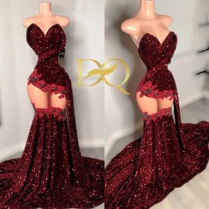 Bourgogne chérie robe de bal longue pour les filles noires 2024 robes de fête d'anniversaire à paillettes Appliques robes de soirée avec robe de queue