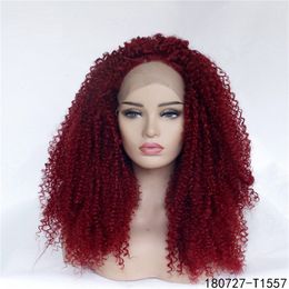 Pelucas frontales de encaje de pelo sintético burdeos Afro rizado perruques de cheveux humains 180727-T1557
