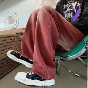 Jean tie dye bordeaux pantalon oversize jambe droite homme Instagram High Street chic pantalon large rétro américain 54